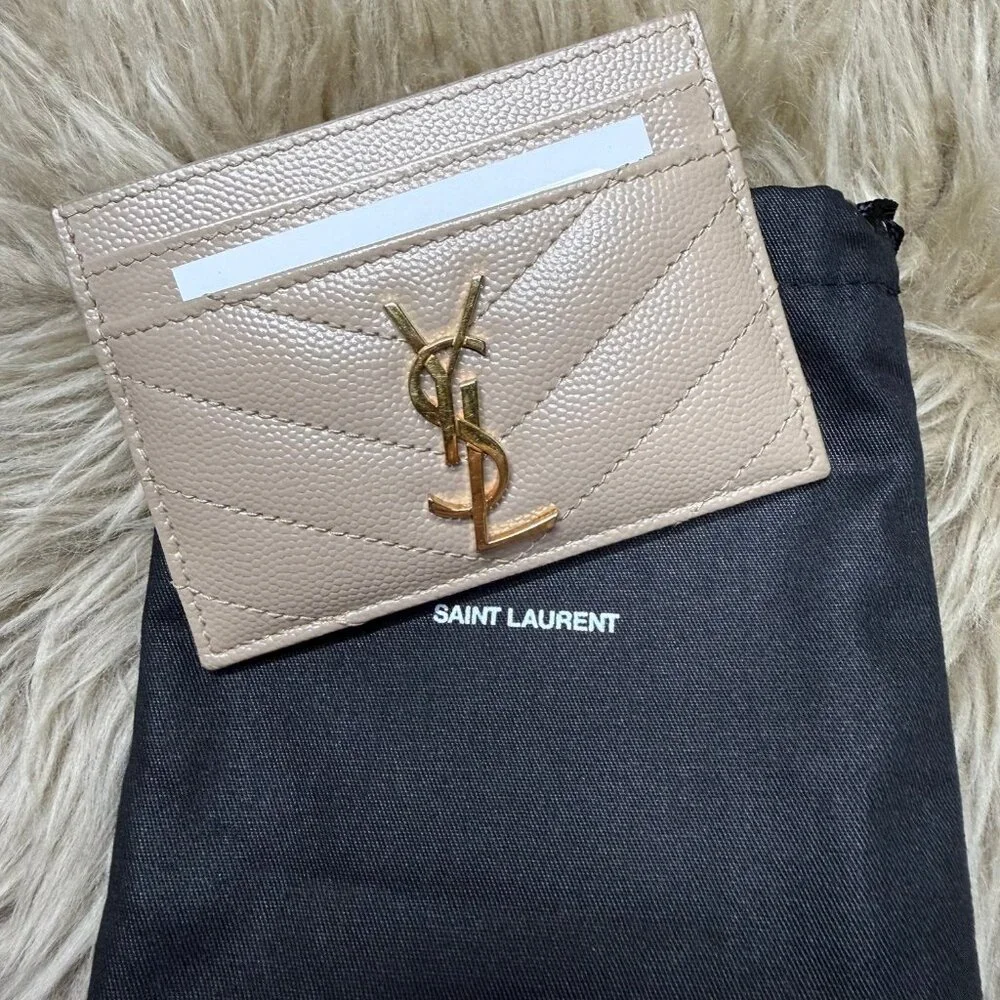 YSL Saint Laurent Cassandre Matelasse Card Case in Grain de Poudre Dark Beige - Picture 2 of 3